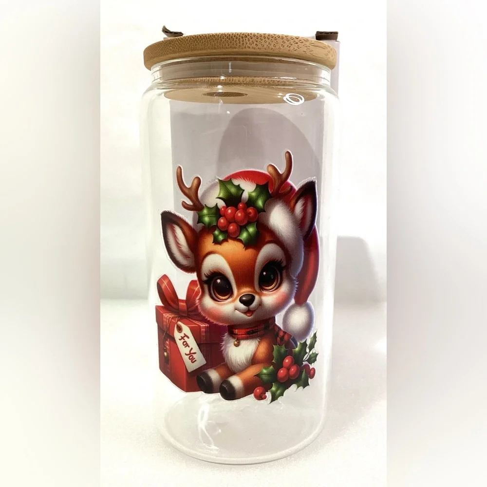 Christmas Glass Tumbler w Woden Lid 16oz New w Original Box